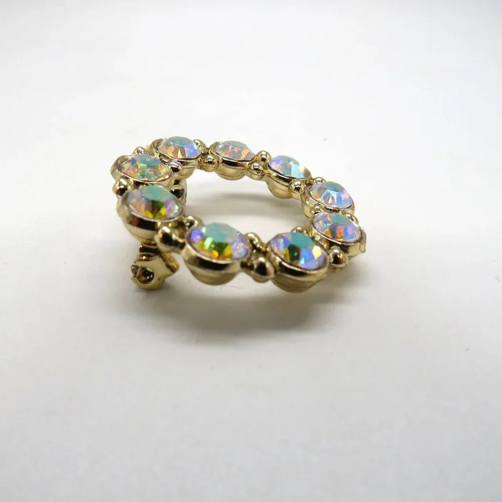 Vintage Brooch Aurora Borealis Crystal‎ Circle Brooch Gold Tone Pin